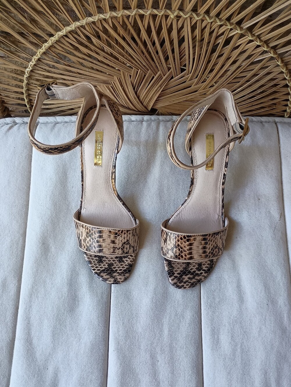 Louise et Cie Snake-Print Ankle-Strap Sandals in Beige and Brown_7.5